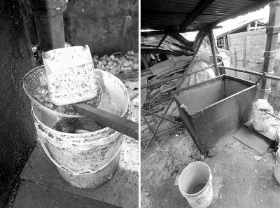 在海口市某养猪“专业村”拍摄的加工泔水的简单工具。